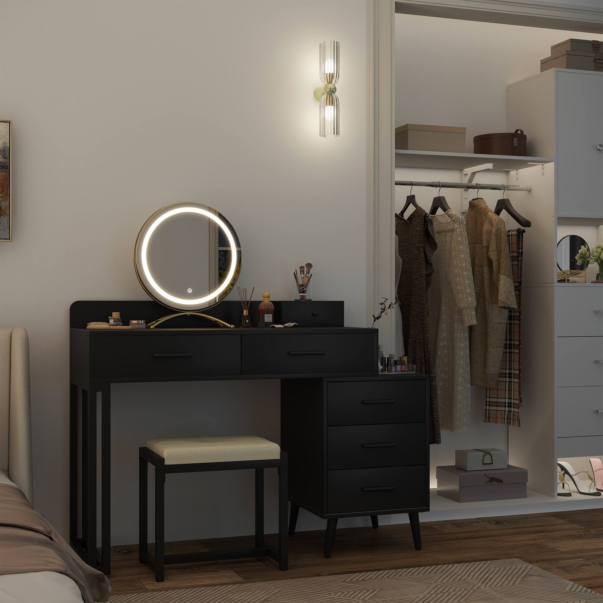 Angle. Aheaplus - Modern Vanity Desk with LED Mirror & 6 Drawers - Includes Cushioned Stool & Organizers for Bedroom - Black.