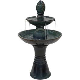 Sunnydaze - Double Tier Ceramic Outdoor 2-Tier Water Fountain with Lights - Green