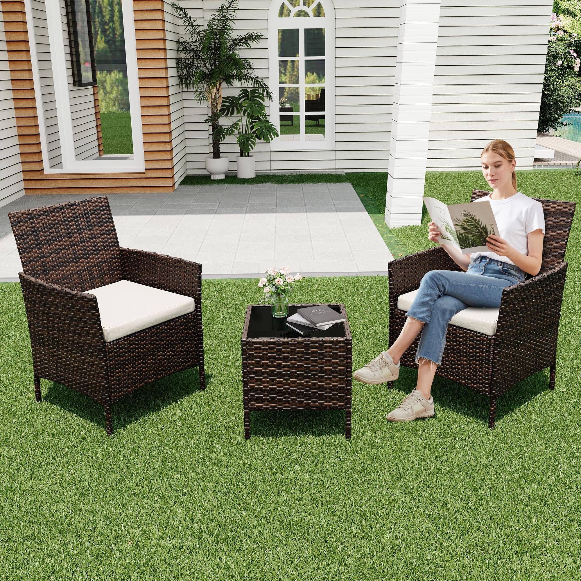 Alt View 4. Homhougo - 3 Pieces Outdoor Patio Furniture Sets, Rattan Patio Table and Chairs Set Brown and Beige - Beige.