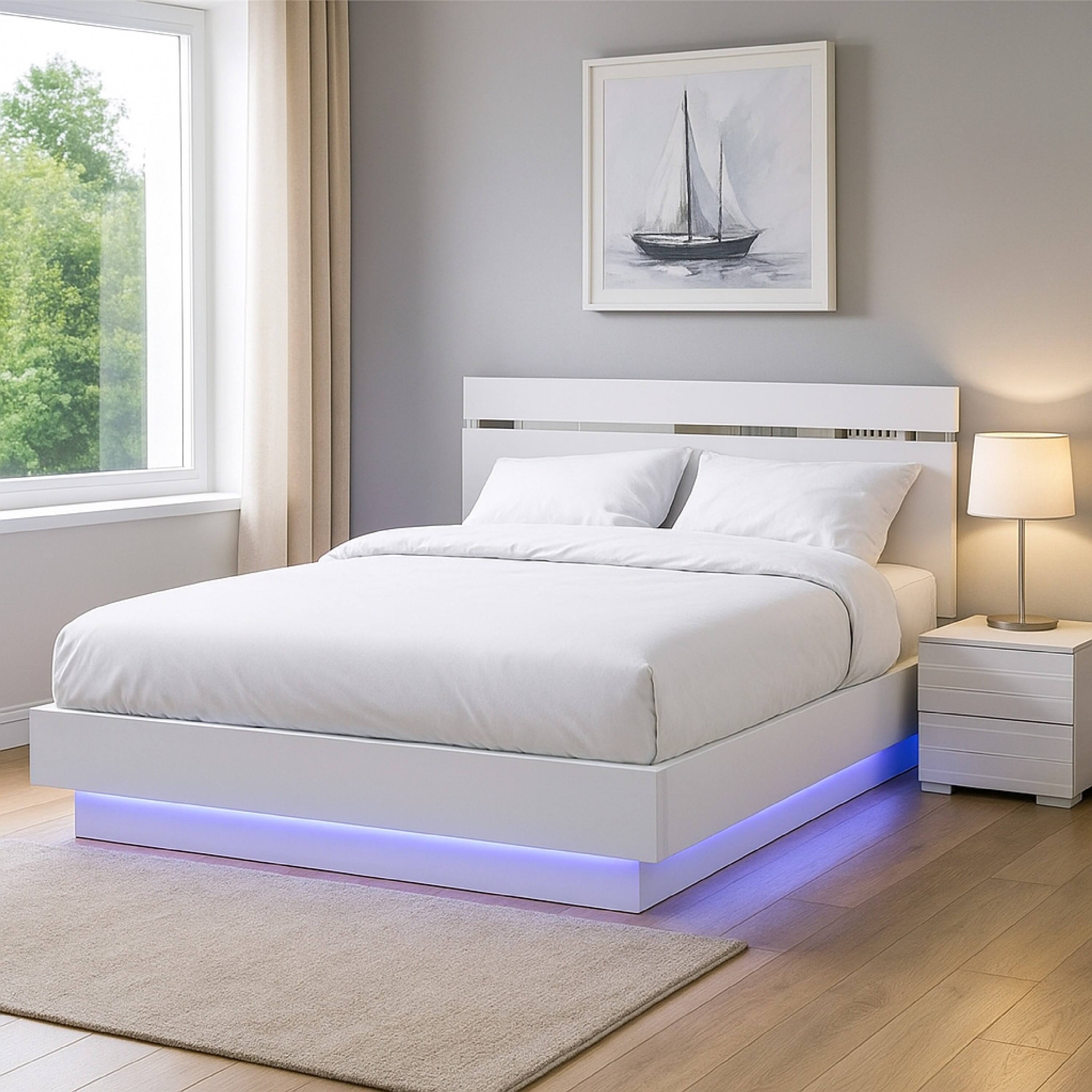 Alt View 5. Manhattan Lane - Pero Queen Size Bed, Chrome Accent Headboard, White LED Footboard - White, Chrome.