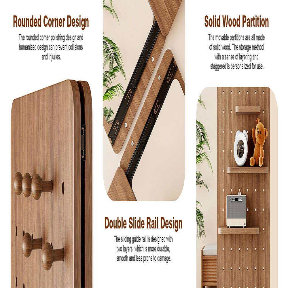 Rounded Corner Design  
The rounded corner polishing design and humanized design can prevent collisions and injuries.  

Solid Wood Partition  
The movable partitions are all made of solid wood. The storage method with a sense of layering and staggered is personalized for use.  

Double Slide Rail Design  
The sliding guide rail is designed with two layers, which is more durable, smooth and less prone to damage.