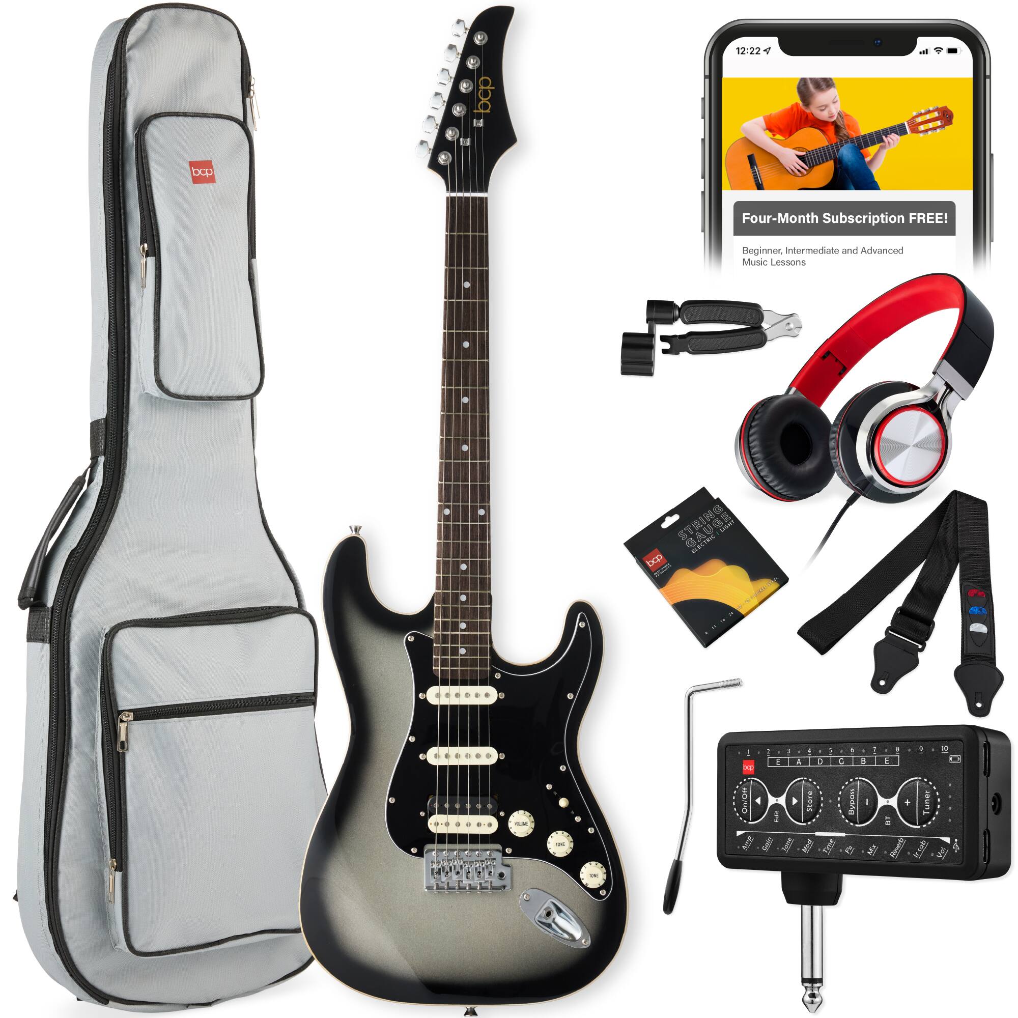 Best Choice Products - Beginner HSS Electric Guitar Kit w/ Headphone Amp, Gig-Bag, Headphones - Silverburst/Black