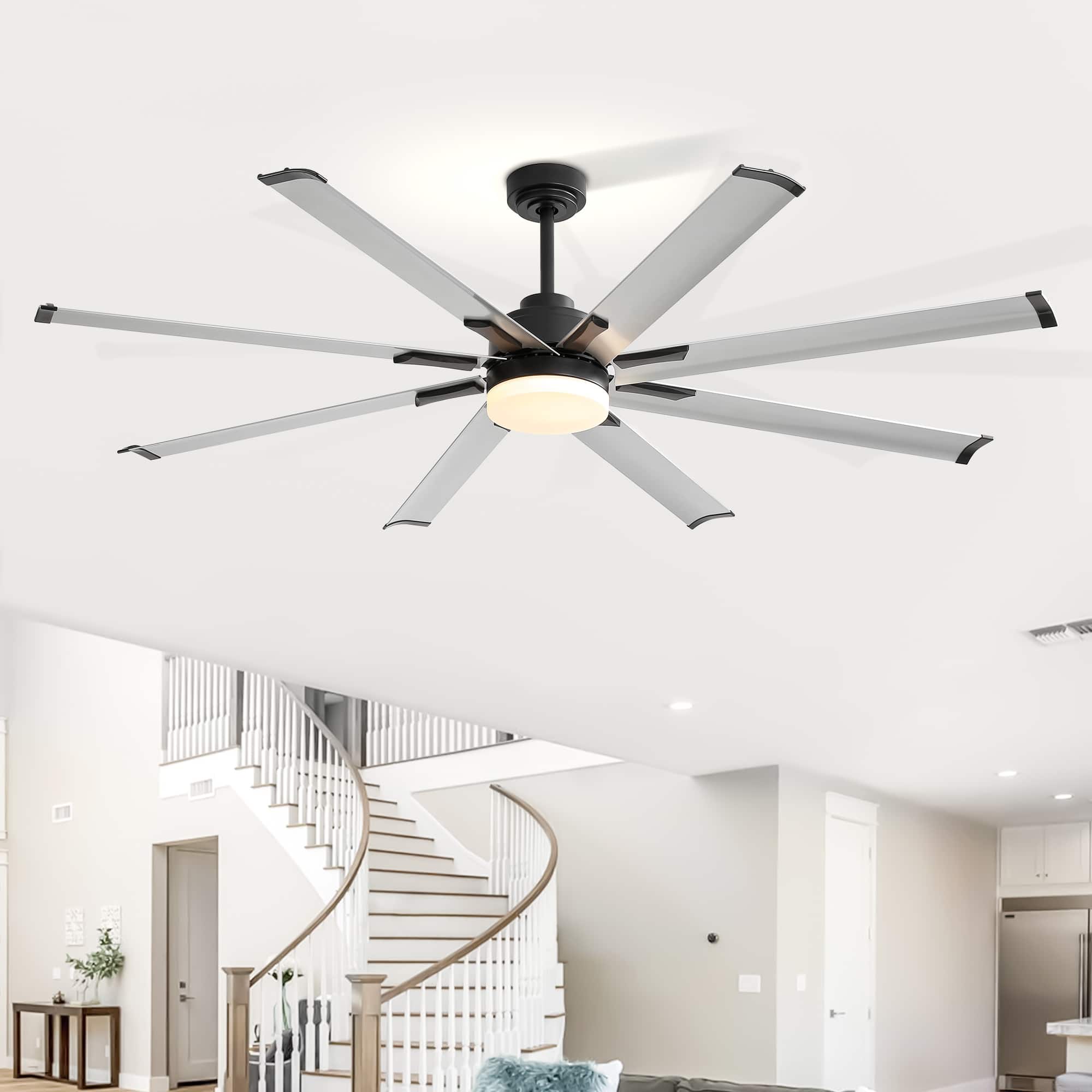 Front. Breezary - 72'' Ceiling Fan with 8 Aluminum Blades, DC Motor, Remote Control, 6 Speeds, 3-Color LED Light, Memory, Downrod - Matte Black and Silver.