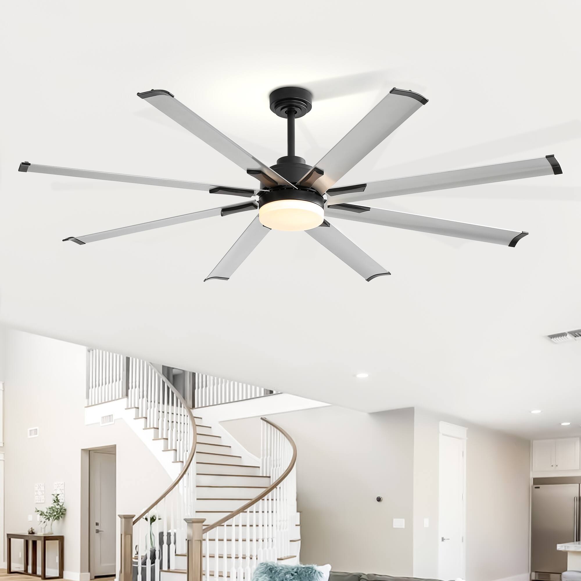 Front. Breezary - 72'' Ceiling Fan with 8 Aluminum Blades, DC Motor, Remote Control, 6 Speeds, 3-Color LED Light, Memory, Downrod - Matte Black and Silver.