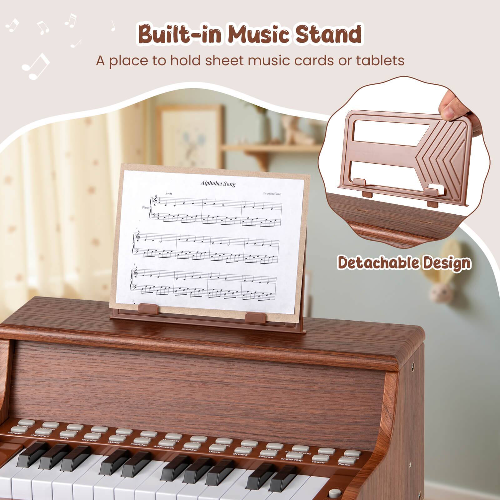 Built-in Music Stand  
A place to hold sheet music cards or tablets  

Alphabet Song  

Detachable Design