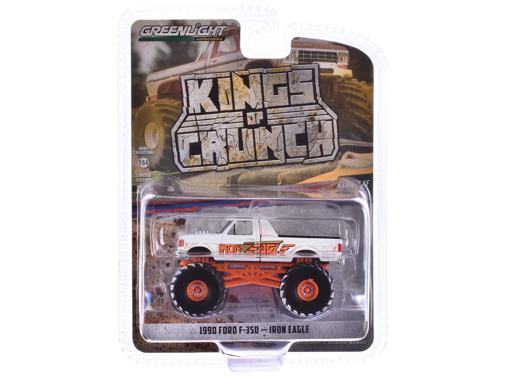 GREENLIGHT collectibles  
KINGS OF CRUNCH  
1990 FORD F-350 - IRON EAGLE  
1:64  
LIMITED EDITION  
ADULT COLLECTIBLE  
Content: 1 Model