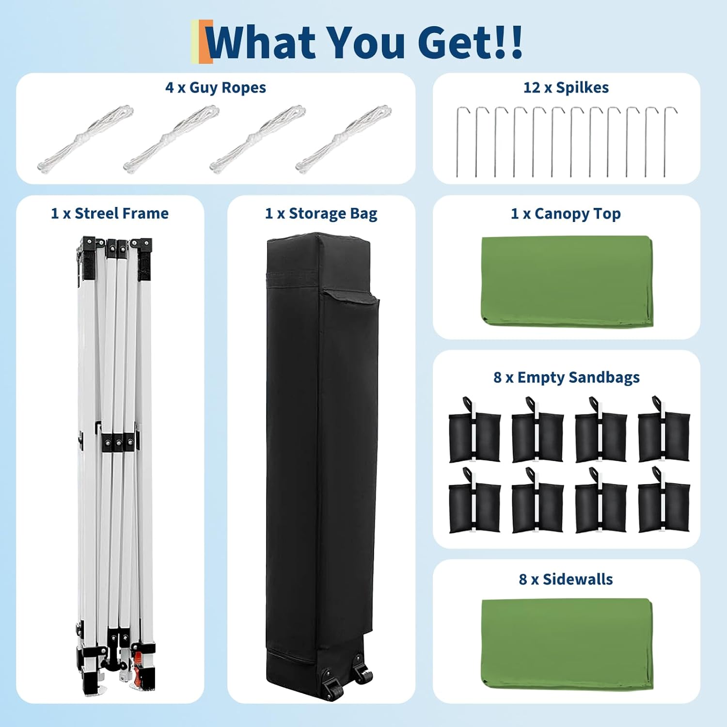 What You Get!!

- 4 x Guy Ropes
- 12 x Spilkes
- 1 x Steel Frame
- 1 x Storage Bag
- 1 x Canopy Top
- 8 x Empty Sandbags
- 8 x Sidewalls