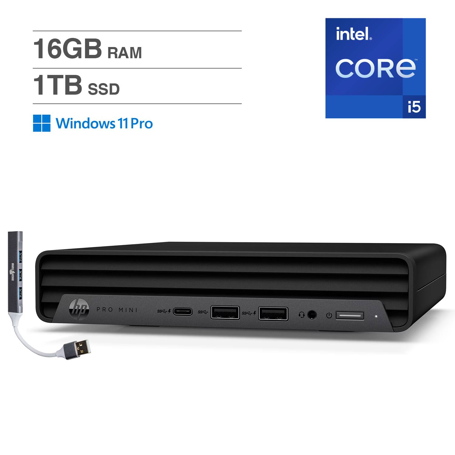 HP - Pro Mini 400 Mini Desktop (Intel i5-14500T, 16GB DDR4, 1TB PCIe SSD, Intel UHD 770, Win 11 Pro) w/USB Hub - Black