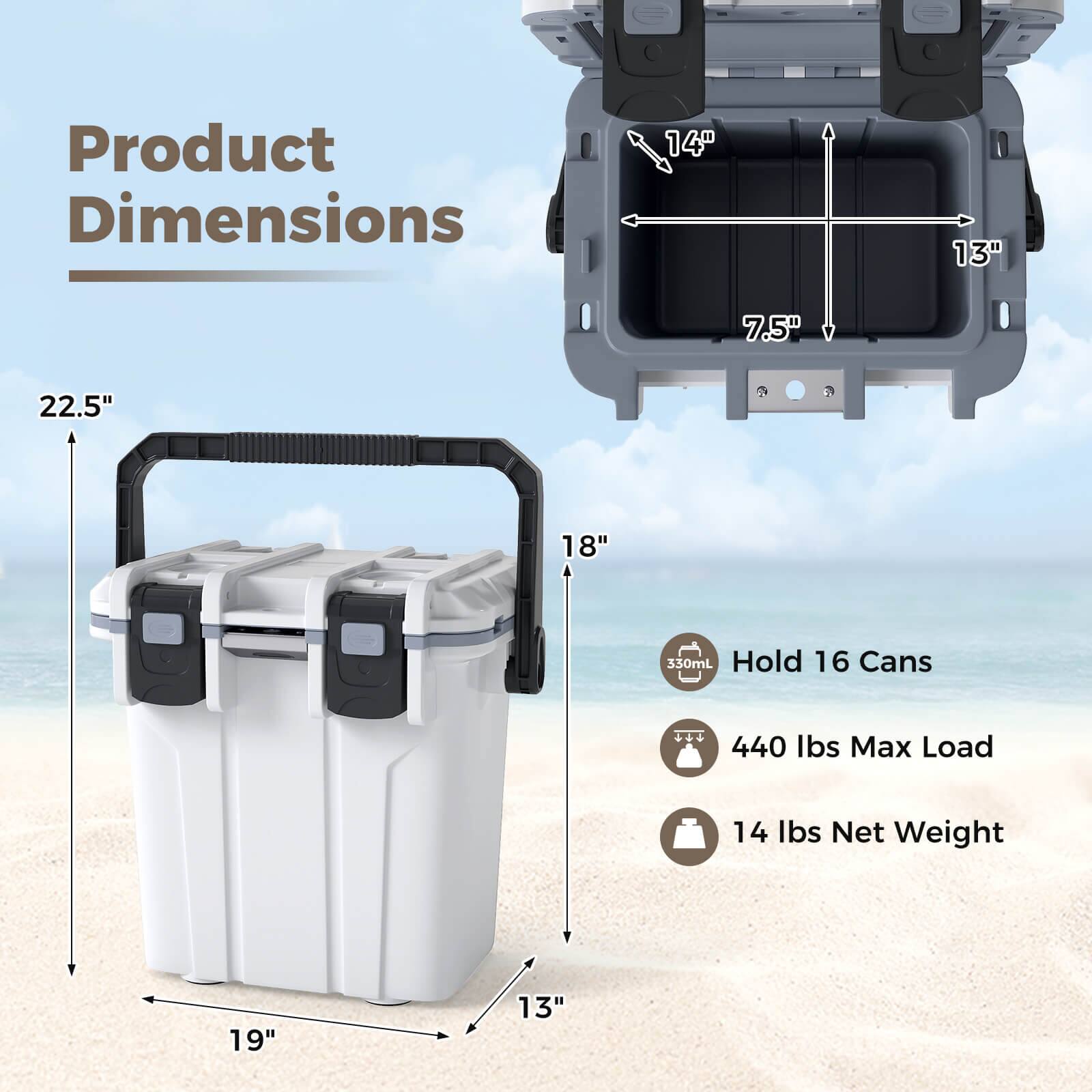 Product Dimensions: 14" x 13" x 7.5" x 22.5" x 18" x 19"  
Hold 16 Cans  
330mL  
440 lbs Max Load  
14 lbs Net Weight