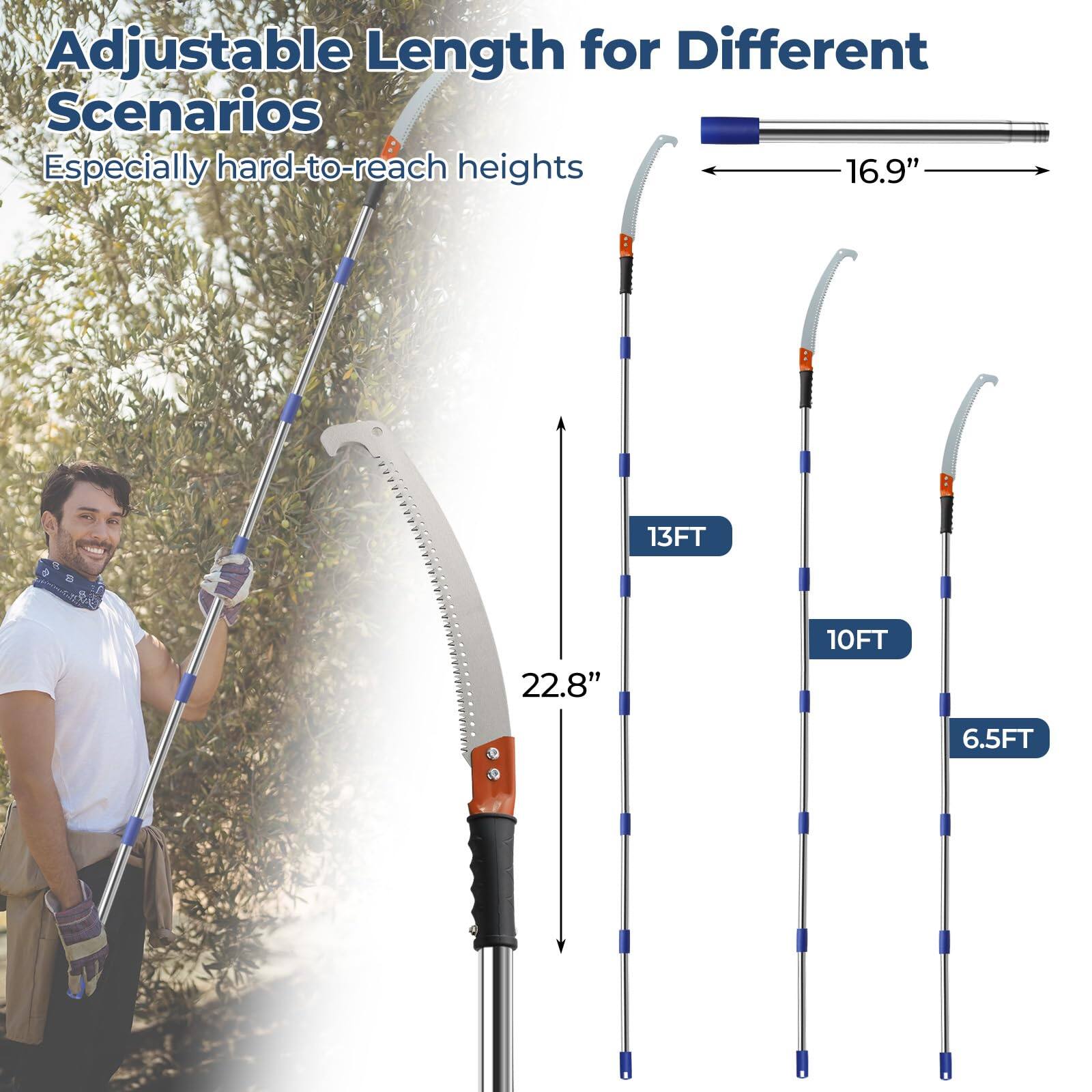 Adjustable Length for Different Scenarios  
Especially hard-to-reach heights  

16.9"  
13FT  
22.8"  
10FT  
6.5FT