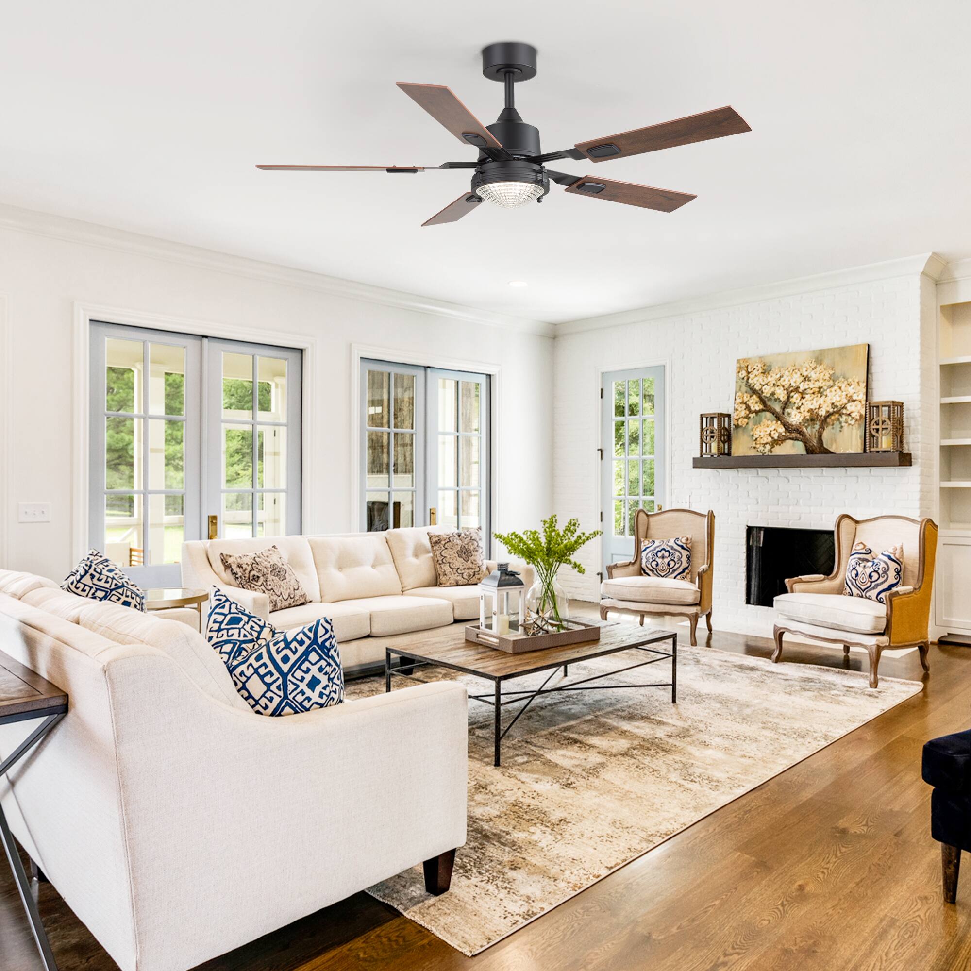 Alt View 2. Breezary - 52-in Indoor Large LED Ceiling Fan with 6-Speed Reversible Motor, 3-Color Light, 6'' Downrod, with Remote - Matte Black.