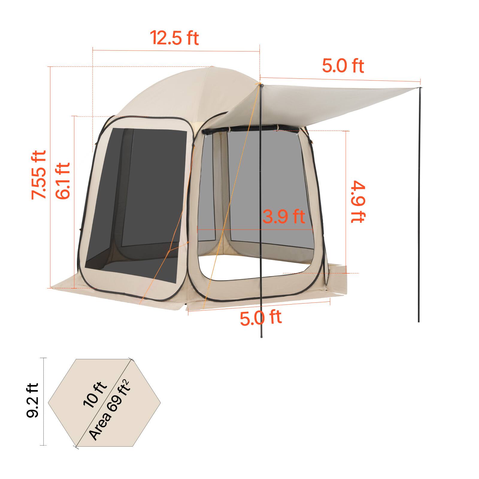 12.5 ft  
5.0 ft  
7.55 ft  
6.1 ft  
3.9 ft  
4.9 ft  
5.0 ft  
9.2 ft  
10 ft  
Area 69 ft²