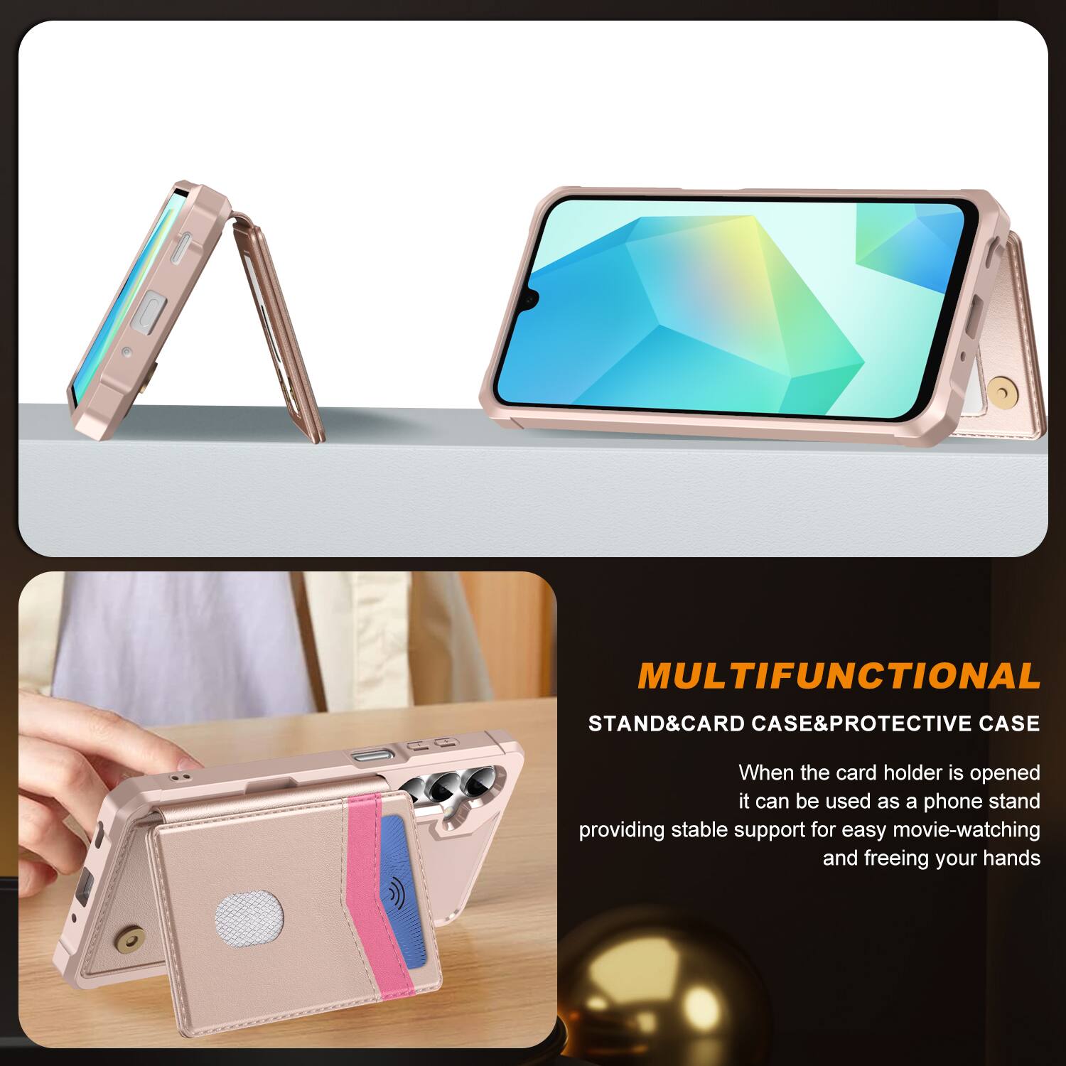 MULTIFUNCTIONAL STAND & CARD CASE & PROTECTIVE CASE

When the card holder is opened, it can be used as a phone stand, providing stable support for easy movie-watching and freeing your hands.