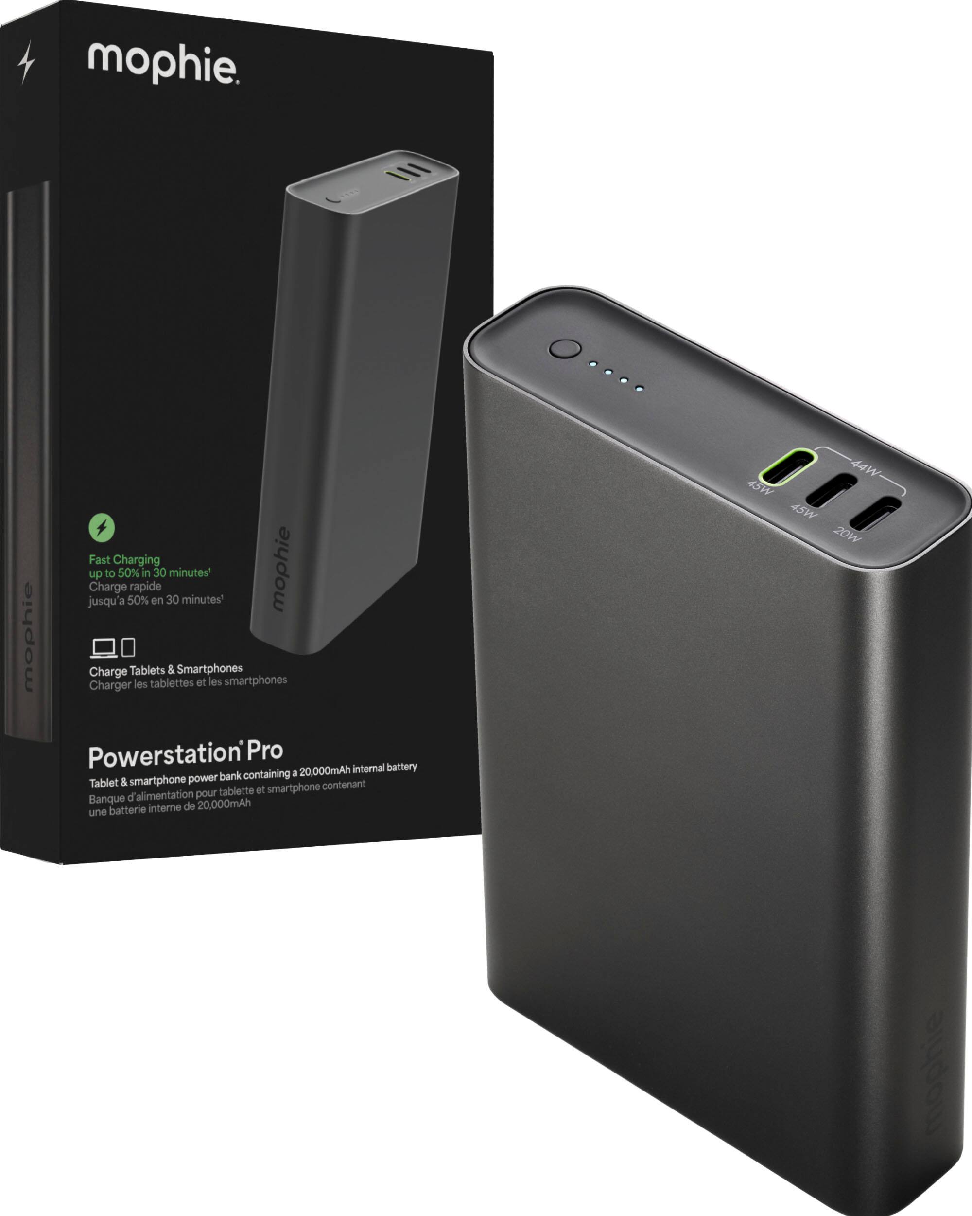 mophie. Fast Charging jusqu'à 50% in 30 minutes. Charge Tablets & Smartphones et les smartphones. Powerstation Pro 20,000mAh internal battery bank containing a Tablet & smartphone power bank. 44W-45W 20W mophie.