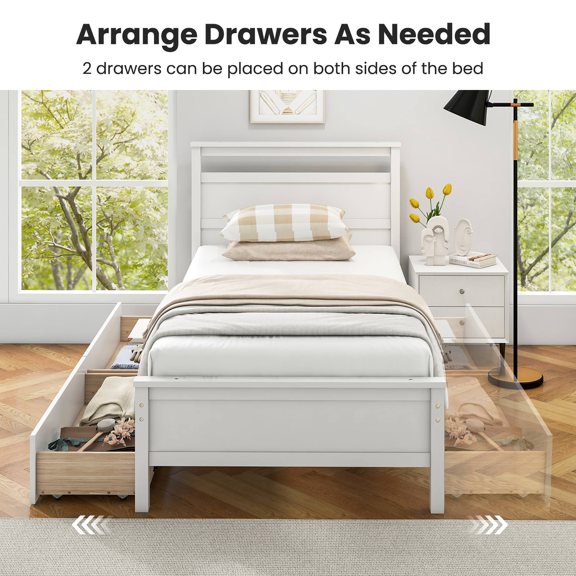 Arrange Drawers As Needed  
2 drawers can be placed on both sides of the bed