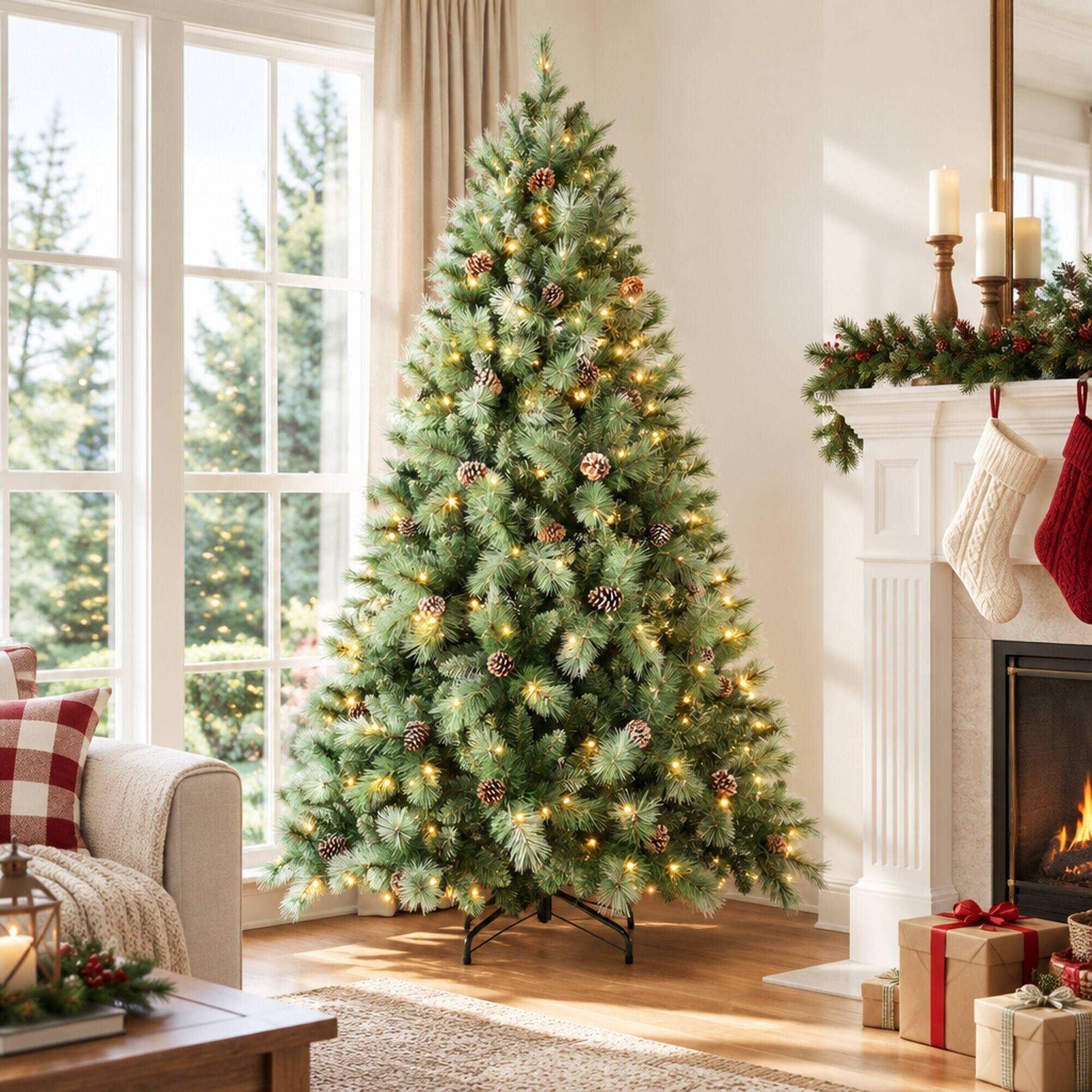 Back. RYHNUYNE - 7FT Pre-Lit Artificial Christmas Tree With 400 Warm White LED Lights and 1348 Tips, 82 Pine Cones and Metal Stand - Green.