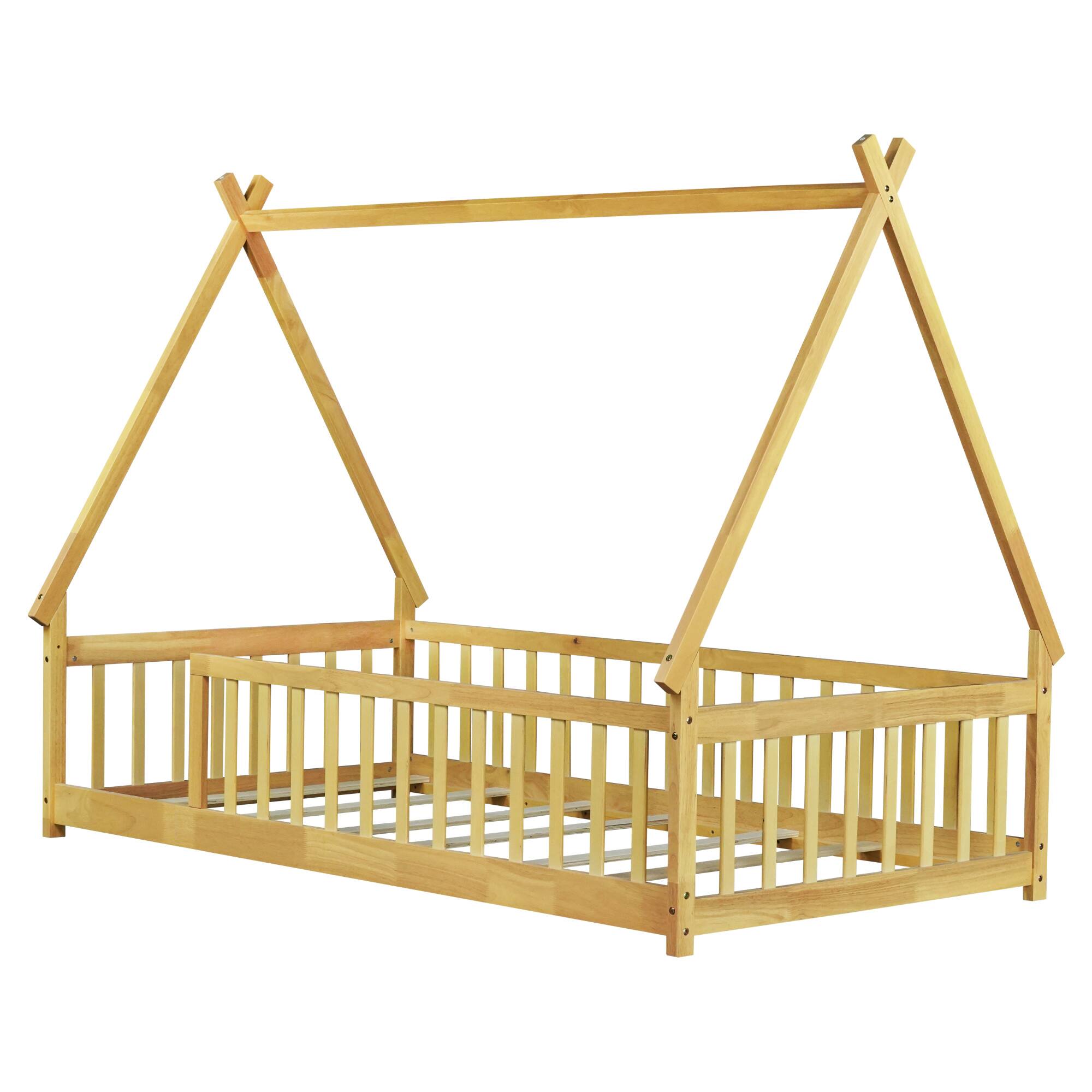 Alt View 4. GOODSILO - Twin-Size Tent-Shaped Low Profile Floor Bed with Safety Guardrails and Slatted Base - Natural.