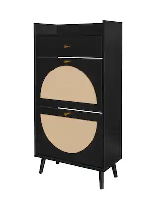 Front. Spaco - Spaco 1 Drawer 2 Doors Rattan Shoe Cabinet, Double Layer Storage Rack, Modern Organizer for Entrance - Black.