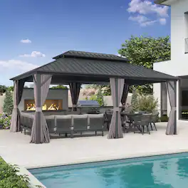 PURPLE LEAF - Outdoor Aluminum Hardtop Gazebo with Galvanized Steel Double Roof for Patio Deck with Netting and Curtains - 12' X 18'