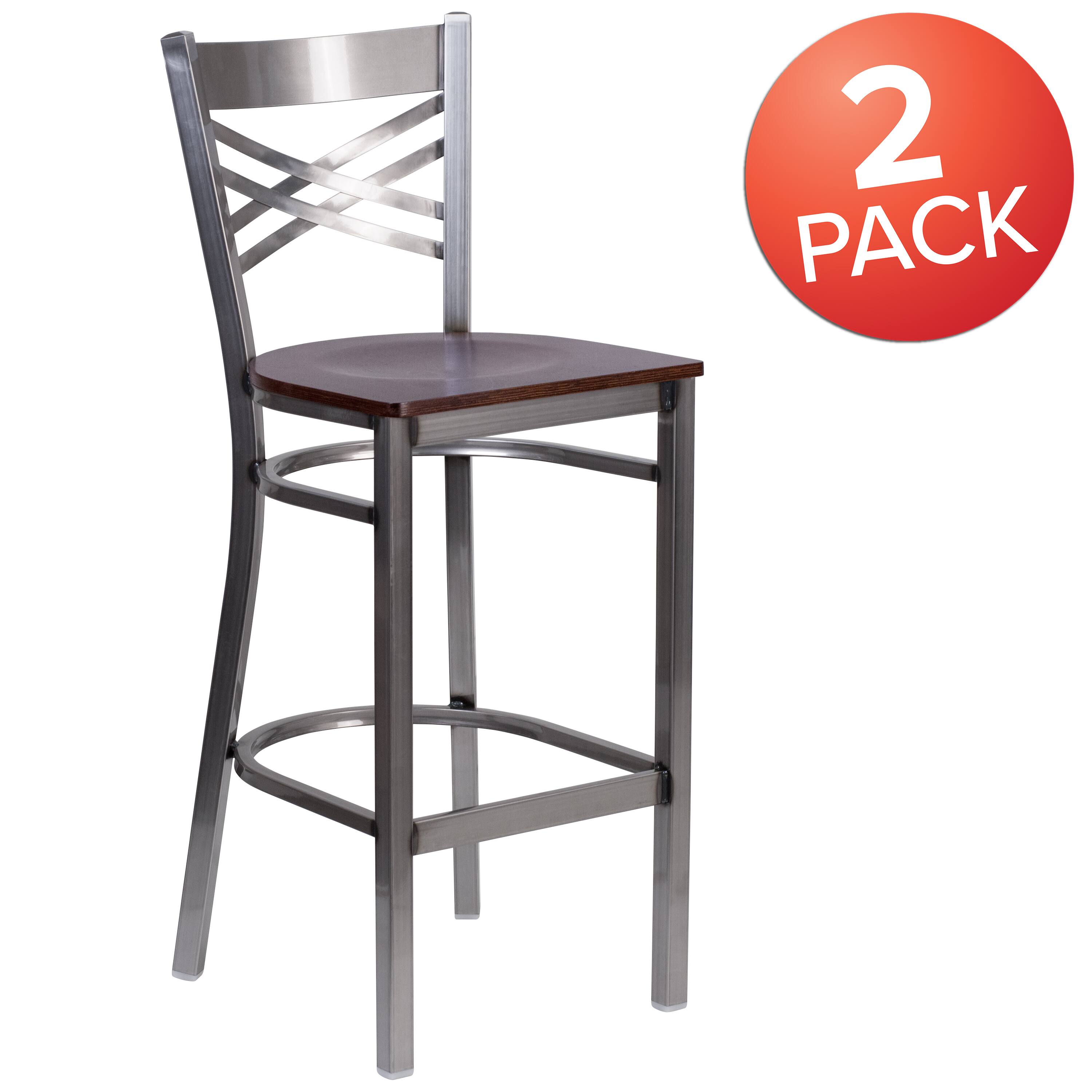 Alt View 1. Emma + Oliver - 2 Pack Clear Coated "X" Back Metal Restaurant Barstool - Walnut Wood Seat/Clear Coated Metal Frame.