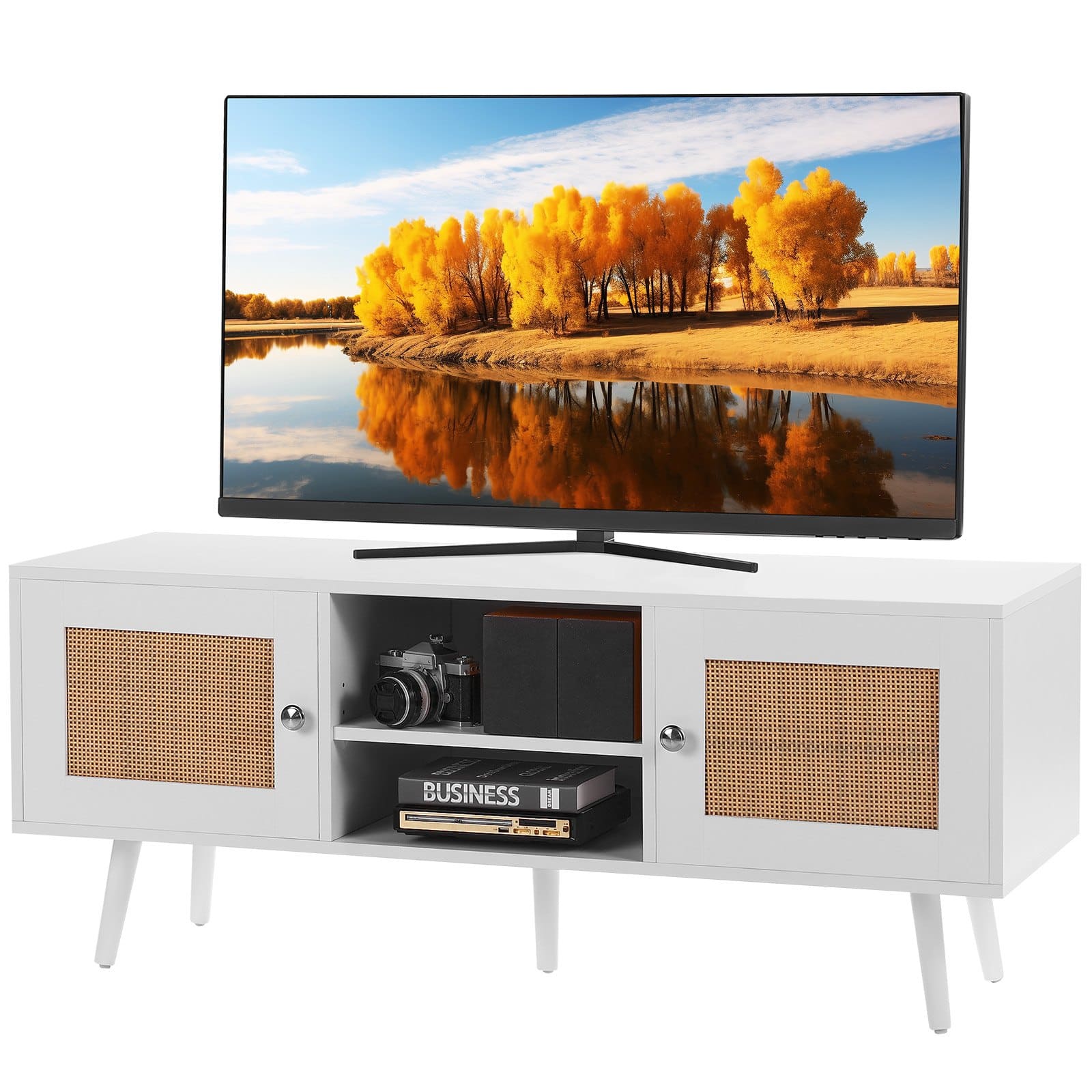 Glintex - Rattan TV Stand, Boho Style TV Cabinet for 55" TVs, Mid-Century Design, Adjustable Shelves, Media Storage Console - White