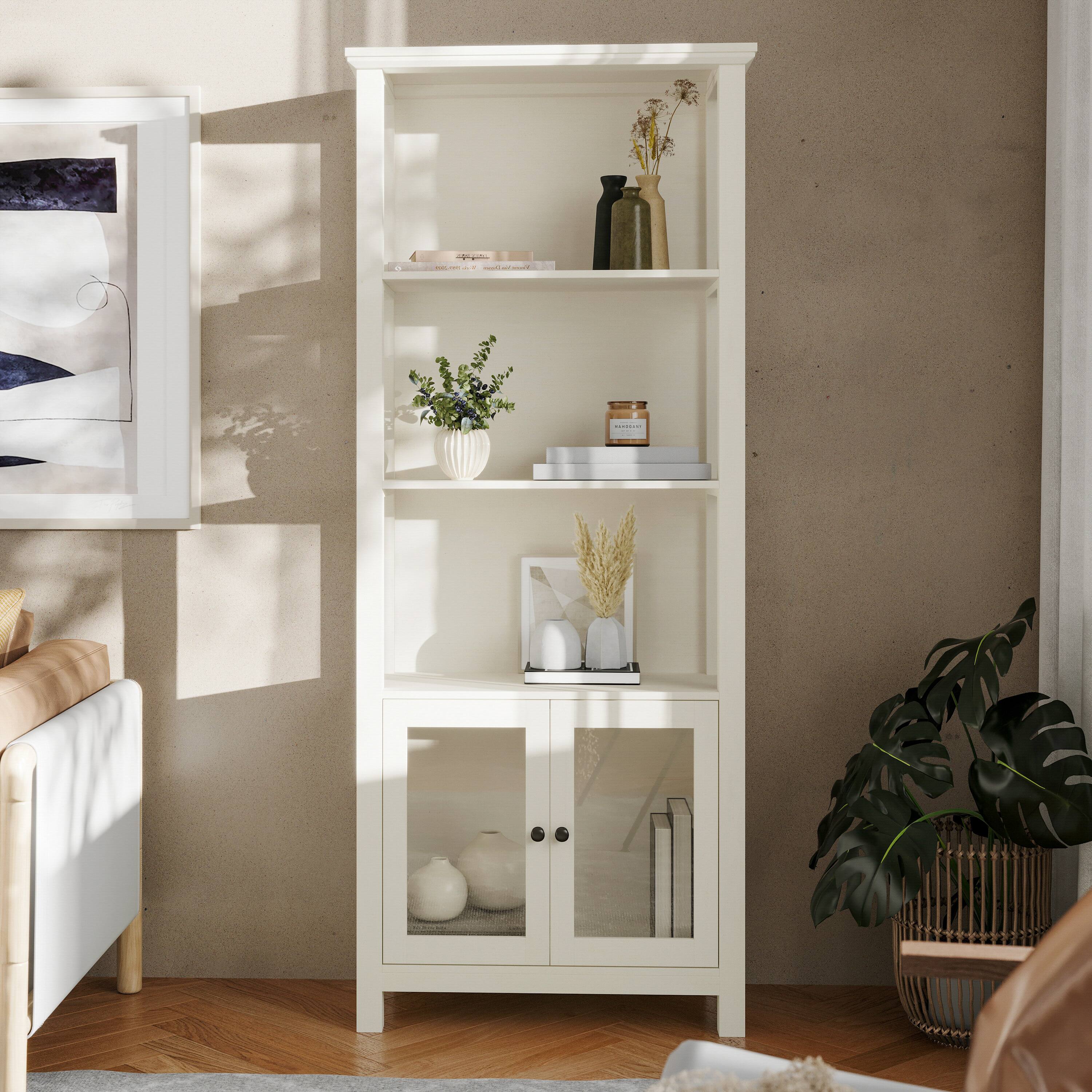 Alt View 2. Flash Furniture - Stella Modern Farmhouse Wooden Bookcase and Storage Cabinet with Tempered Glass Doors and 3 Upper Shelves in White - White.