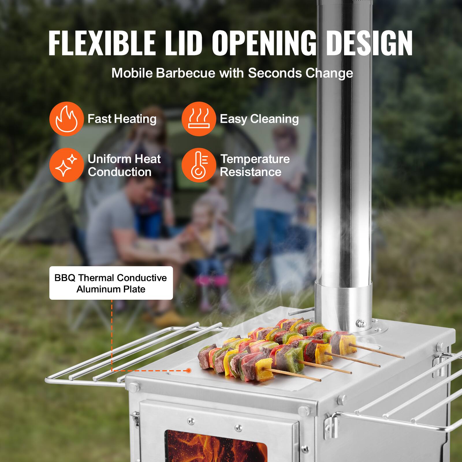 FLEXIBLE LID OPENING DESIGN  
Mobile Barbecue with Seconds Change  

- Fast Heating  
- Easy Cleaning  
- Uniform Heat Conduction  
- Temperature Resistance  

BBQ Thermal Conductive Aluminum Plate