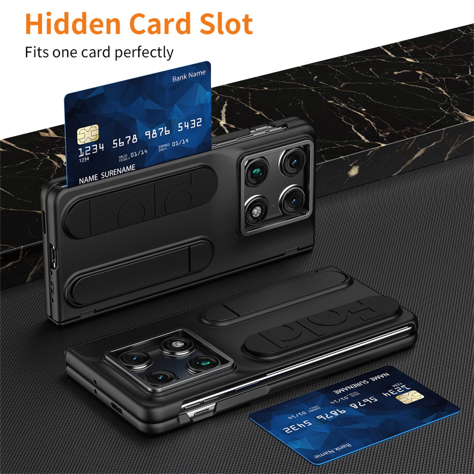 Hidden Card Slot  
Fits one card perfectly  

Bank Name  
1234 5678 9876 5432  
VALID 01/19  

NAME SURENAME  

Bank Name  
1234 5678 9876 5432  
VALID 01/14  

NAME SURENAME