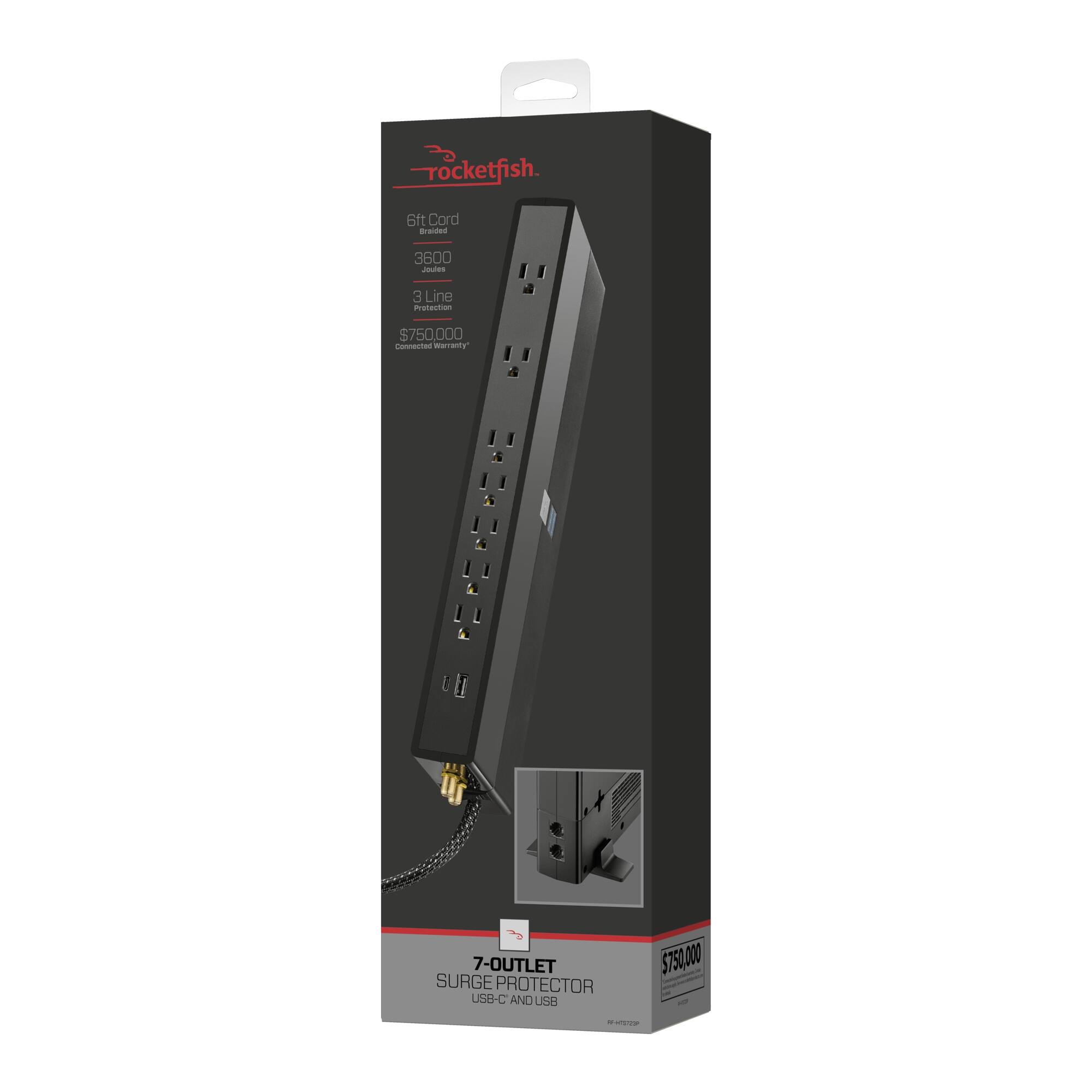 The text on the image reads "Rocketfish 7-Outlet Surge Protector USB-C and USB 3.0 3600 Joules 3 Line Protection $75.00."