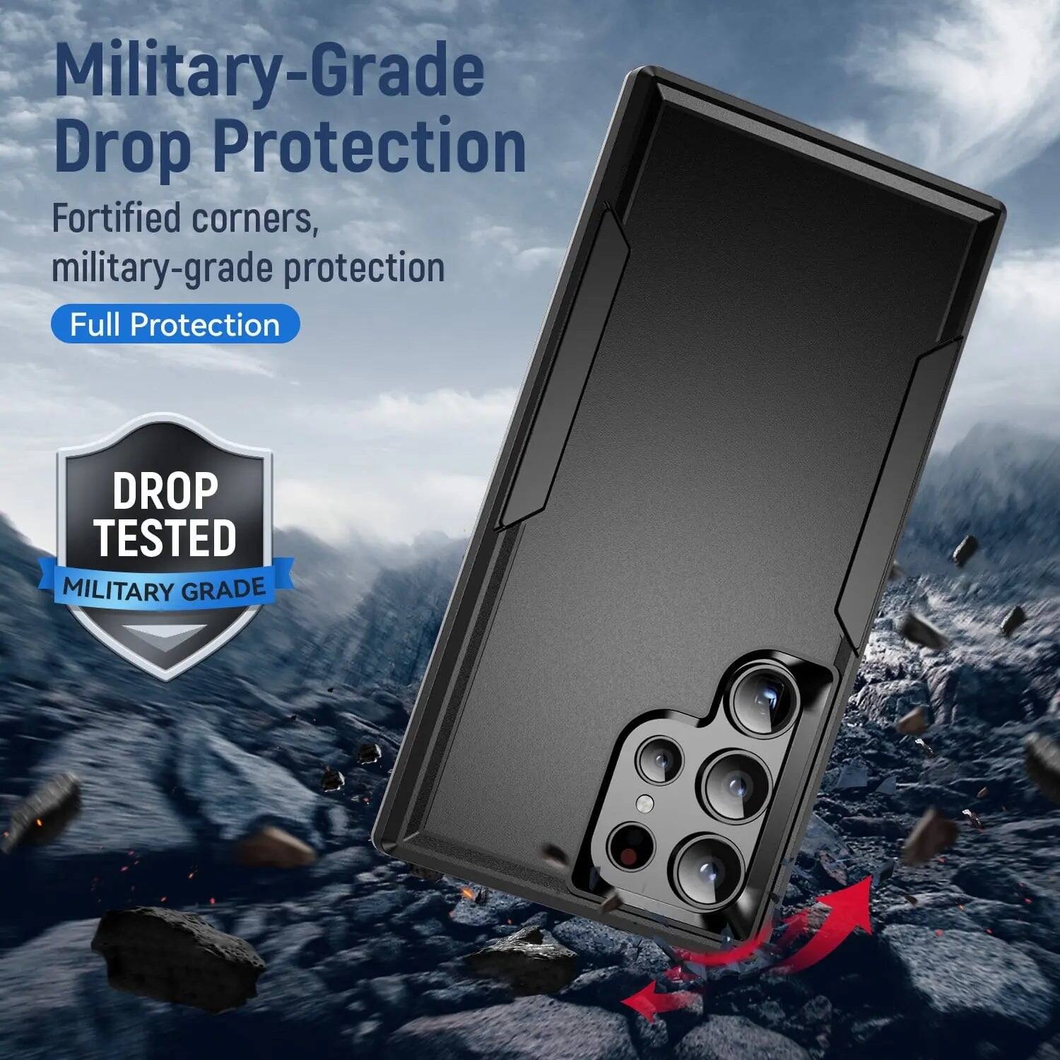 Military-Grade Drop Protection  
Fortified corners, military-grade protection  
Full Protection  

DROP TESTED  
MILITARY GRADE
