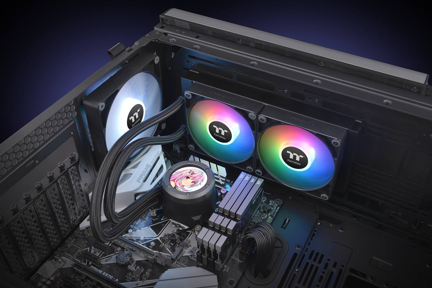 The image features a computer with a colorful case and a motherboard. The motherboard has a Gigabyte logo and is equipped with a Prime Z370-A chipset. The computer also has a liquid cooling system, which includes a radiator and a fan. The case is open, revealing the internal components of the computer, such as the hard drive and the CPU. The overall appearance of the computer is visually appealing and well-organized.