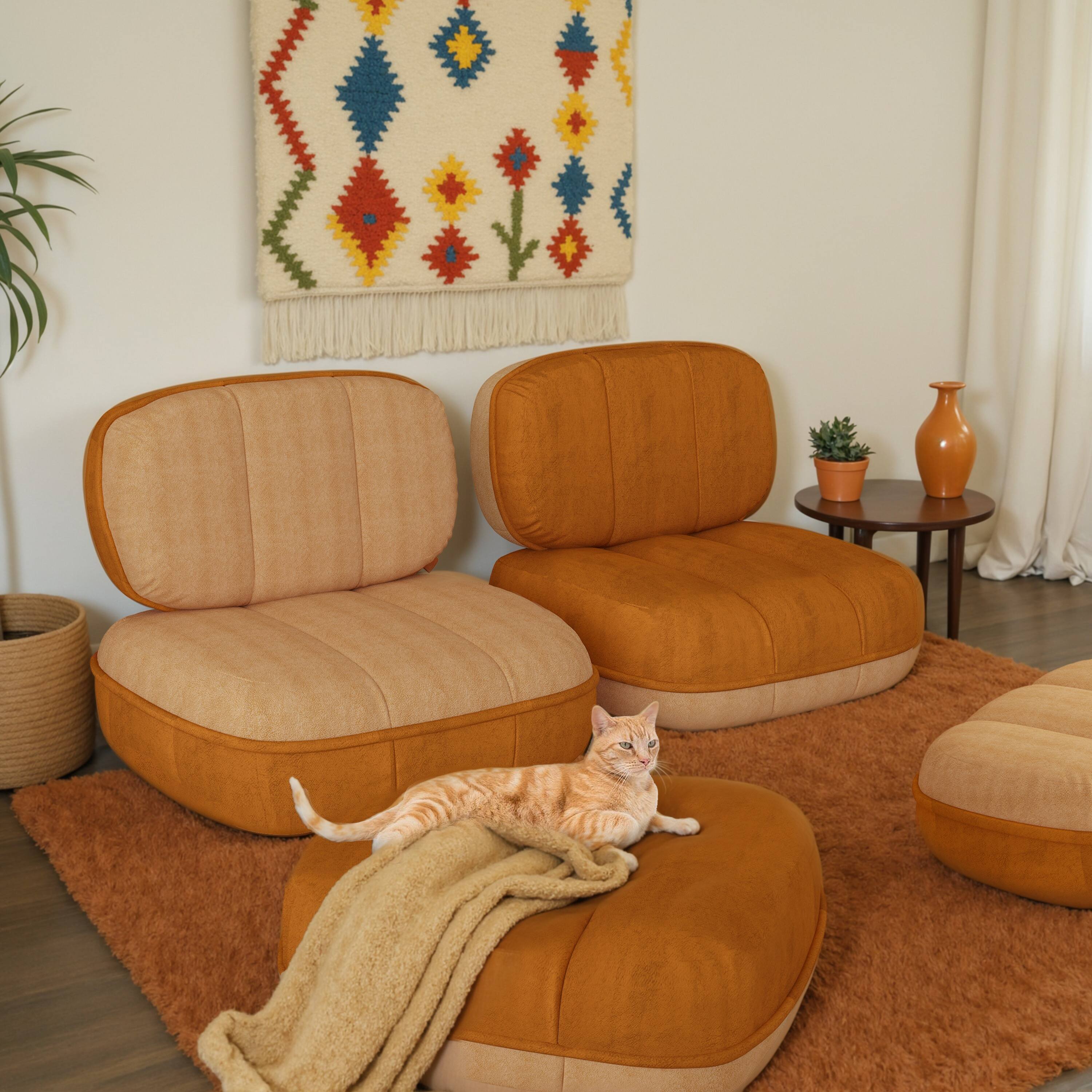 Front. wowmax - Modular Floor Sofa with Backrest, Reversible Colors Lazy Sofa Floor Pillow Seating, Flexible Lounge Chair Futon Sectiona - Orange.