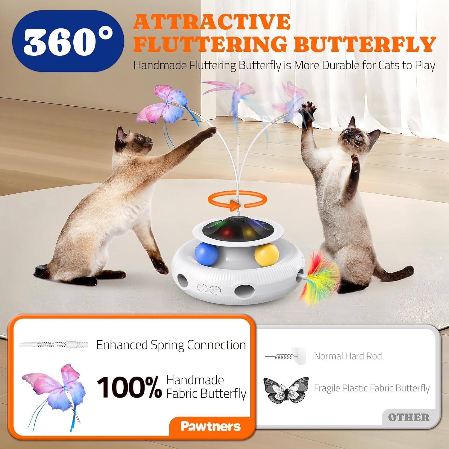Attractive 360 Fluttering Butterfly, Handmade Fluttering Butterfly is More Durable for Cats to Play, Enhanced Spring Connection, Normal Hard Rod, Handmade 100% Fabric Butterfly, Pawtners, Fragile Plastic Fabric Butterfly, Other