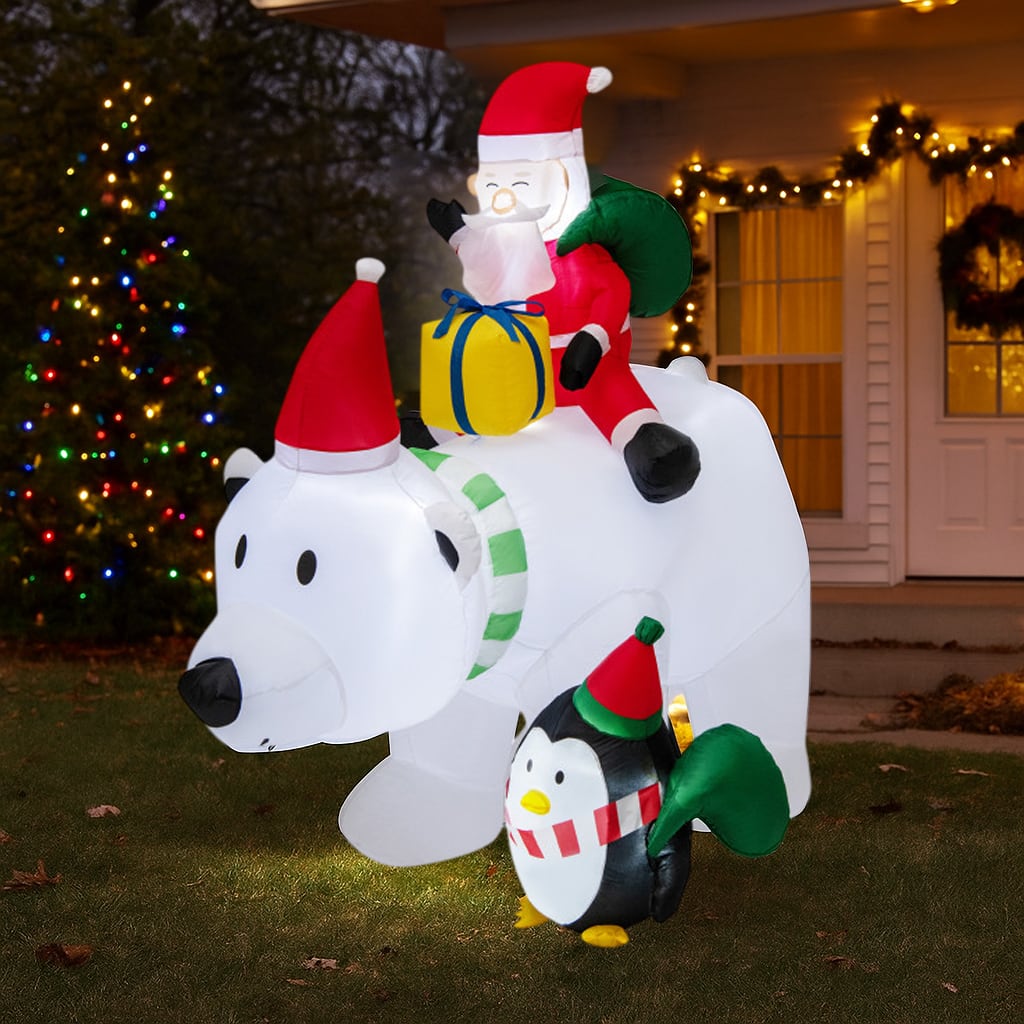 BreeBe - Christmas Inflatable 7FT Santa on Polar Bear with Gift Box and Penguin - Multicolor