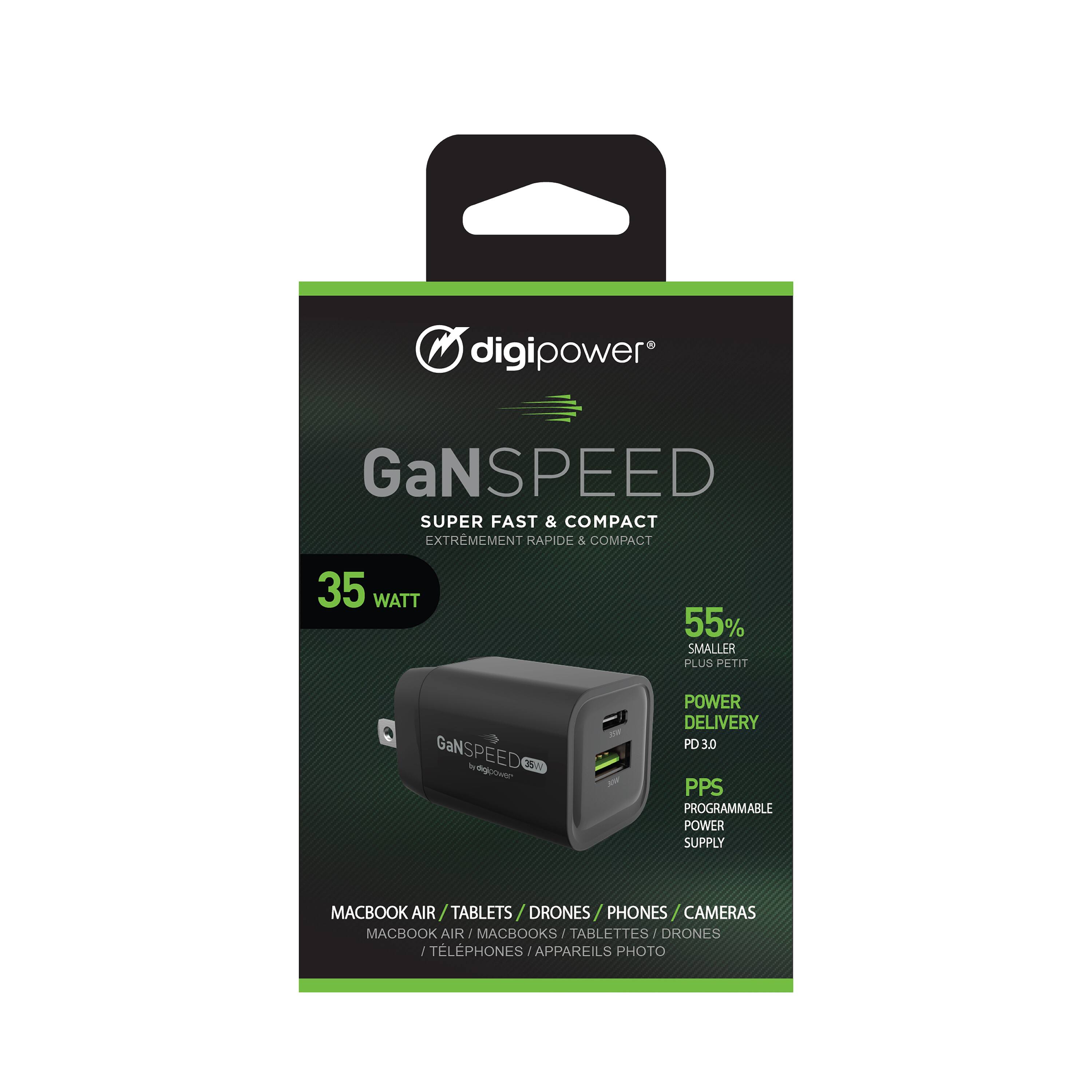 digipower GaNSPEED SUPER FAST & COMPACT EXTREMEMENT RAPIDE & COMPACT 35 WATT 55% SMALLER PLUS PETIT GaNSPEED A 3W POWER DELIVERY PD3 3.0 PPS PROGRAMMABLE POWER SUPPLY MACBOOK AIR / TABLETS / DRONES PHONES CAMERAS MACBOOK AIR / MACBOOKS / TABLETTES / DRONES / TÉLÉPHONES / APPAREILS PHOTO