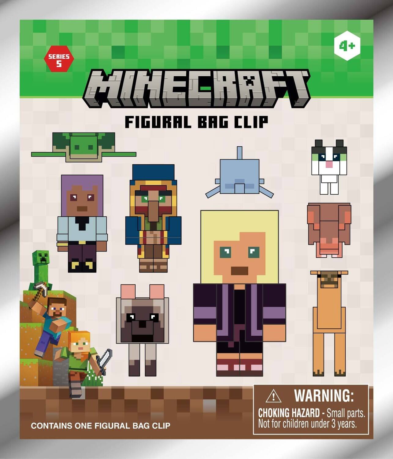 4+ SERIES 5 MINECRAFT FIGURAL BAG CLIP  
CONTAINS ONE FIGURAL BAG CLIP  

WARNING: CHOKING HAZARD - Small parts. Not for children under 3 years.