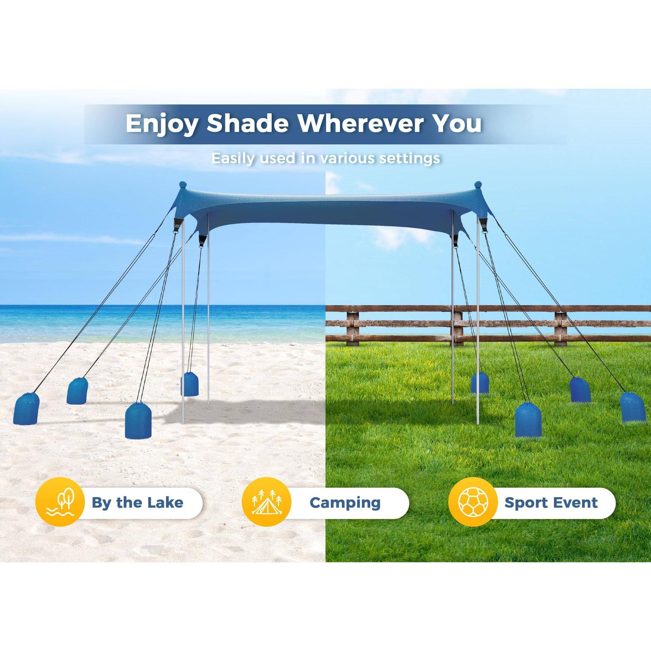 Enjoy Shade Wherever You  
Easily used in various settings  

By the Lake  
Camping  
Sport Event