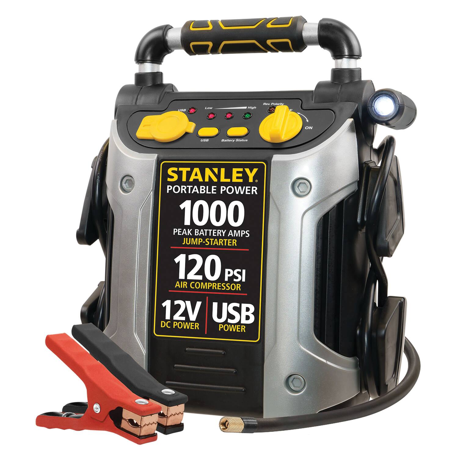 STANLEY  
PORTABLE POWER  
1000 PEAK BATTERY AMPS JUMP-STARTER  
120 PSI AIR COMPRESSOR  
12V DC POWER  
USB POWER