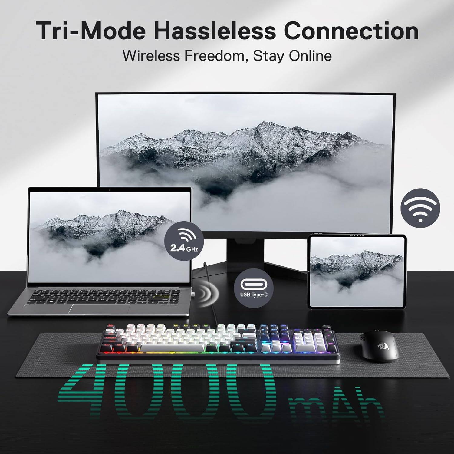 Tri-Mode Hassleless Connection Wireless Freedom, Stay Online

2.4GHz

USB Type-C

4000 mAh