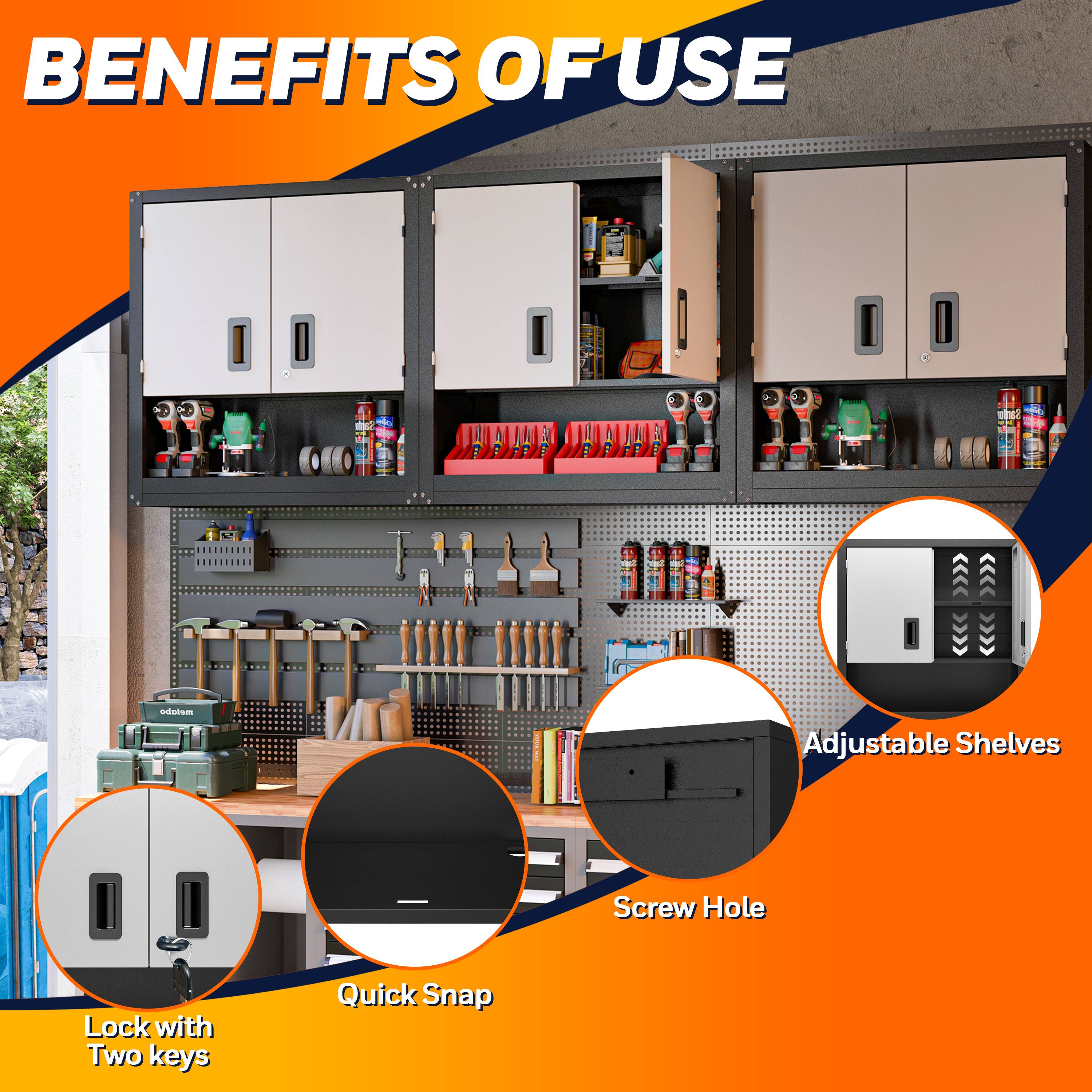 BENEFITS OF USE

- Lock with Two keys
- Quick Snap
- Adjustable Shelves
- Screw Hole