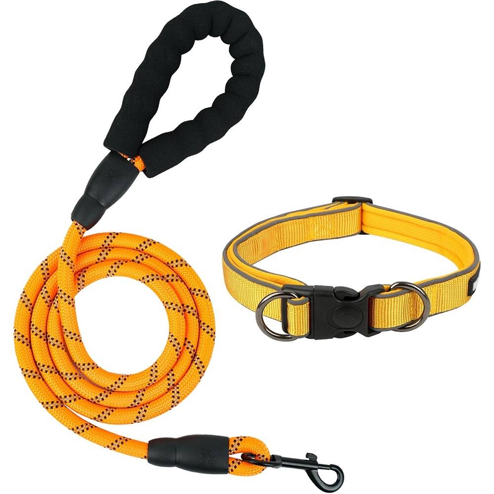 Front. MOSZAR LLC - Yellow Reflective Dog Leash & Adjustable Nylon Collar, Padded, 5FT - Yellow.