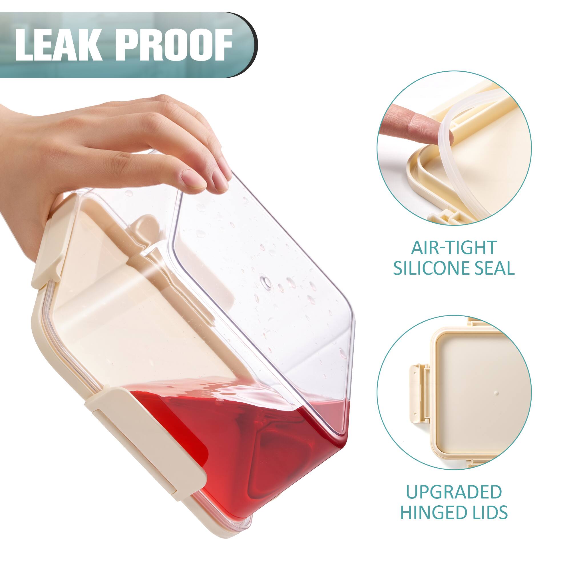 LEAK PROOF  
AIR-TIGHT SILICONE SEAL  
UPGRADED HINGED LIDS