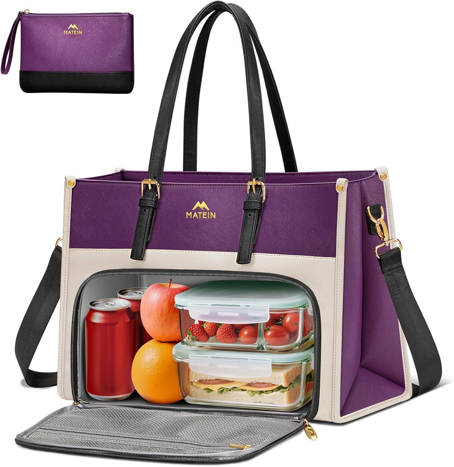 Vulpecula Spade - Lunch Tote Bag for Women, 15.6 Inch PU Leather Laptop Briefcase with Insulated Lunch Compartment - Purple