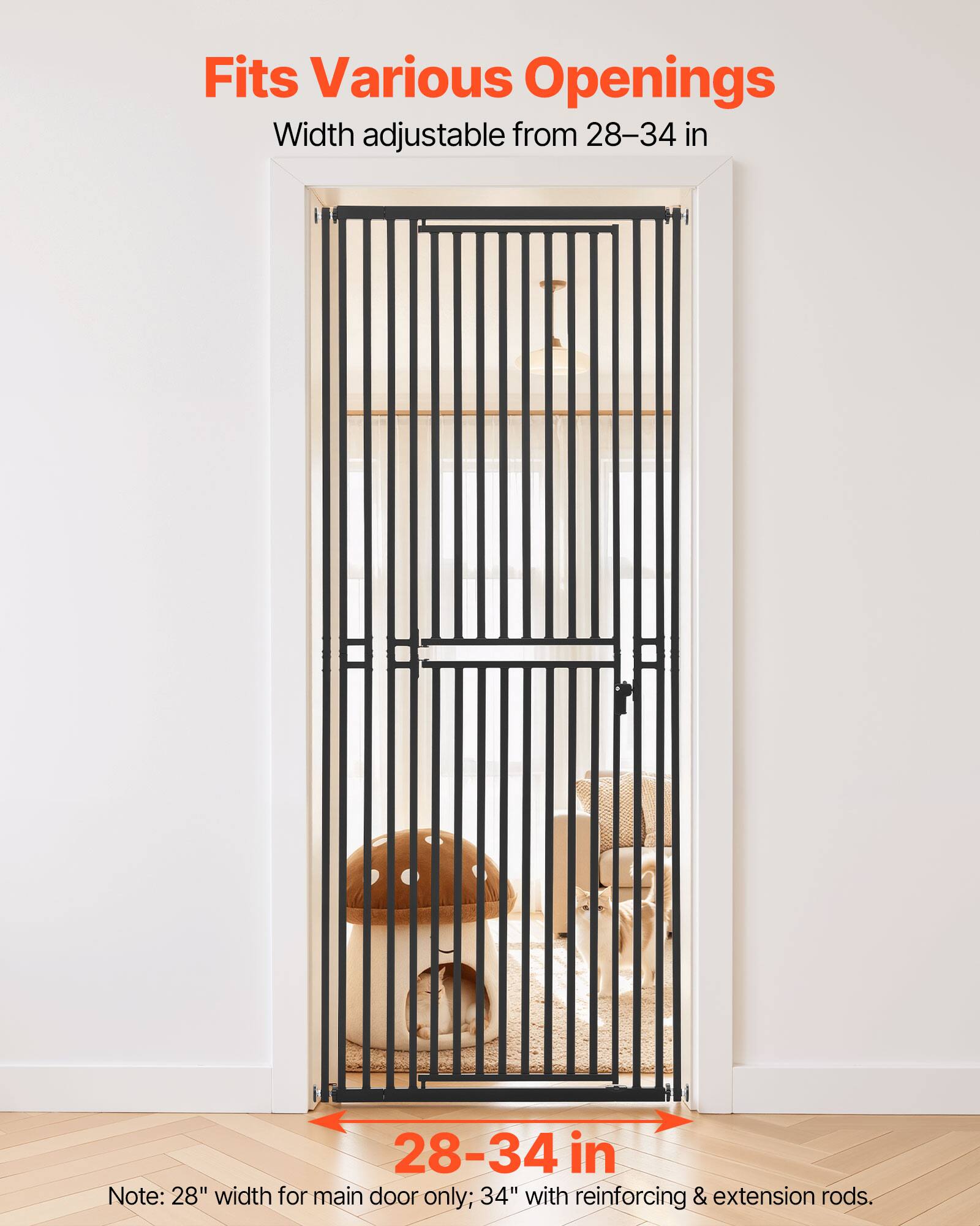 Fits Various Openings  
Width adjustable from 28-34 in  

Note: 28" width for main door only; 34" with reinforcing & extension rods.