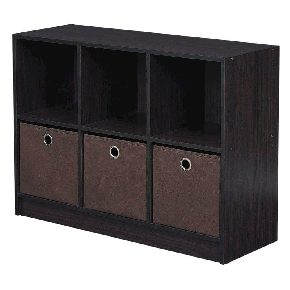 FurniFact - Wooden 3x2 Bookcase with Bins for Organized Storage in Walnut Finish - Dark Walnut