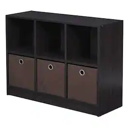FurniFact - Wooden 3x2 Bookcase with Bins for Organized Storage in Walnut Finish - Dark Walnut