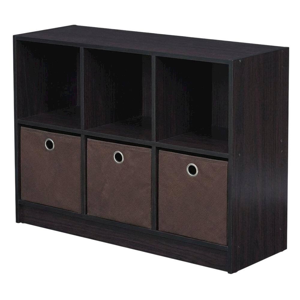 Front. FurniFact - Wooden 3x2 Bookcase with Bins for Organized Storage in Walnut Finish - Dark Walnut.