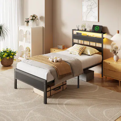 Front. Furnulem - Bed Frame with 2-Tier Shelves Charging Station LED Lights Metal Slats Wood Headboard - Black.