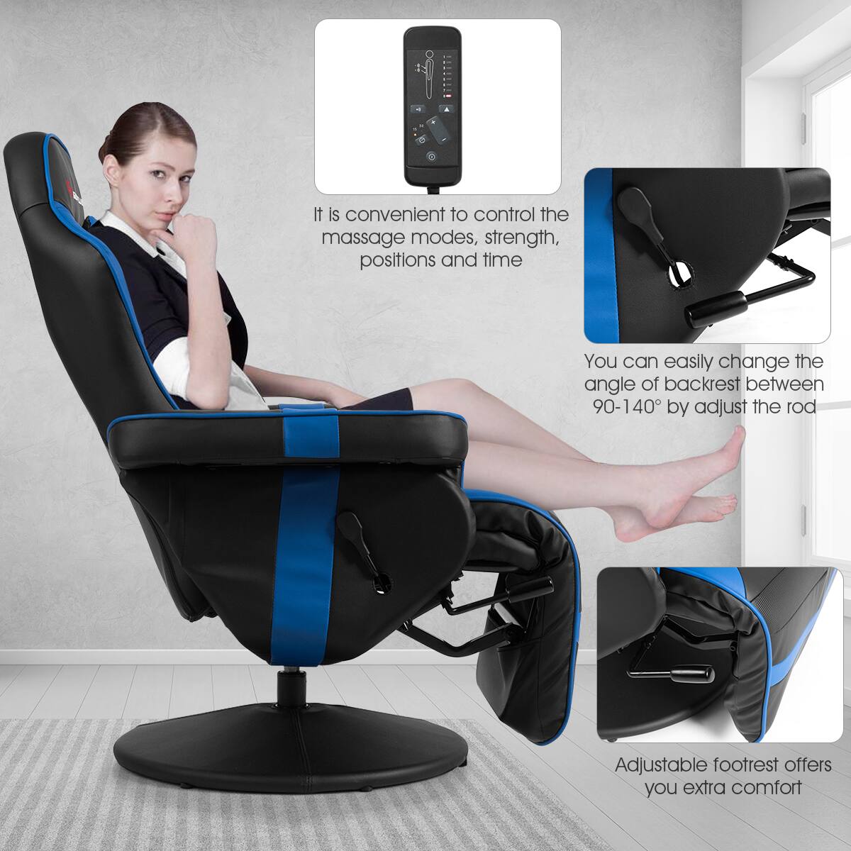 The image features a woman sitting in a black and blue chair, which is described as a massage chair. The chair has a remote control, allowing the user to easily adjust the massage modes, strength, positions, and time. Additionally, the chair has an adjustable backrest that can be changed between 90-140 degrees, providing customizable comfort. The chair also comes with an adjustable footrest, offering extra comfort for the user.