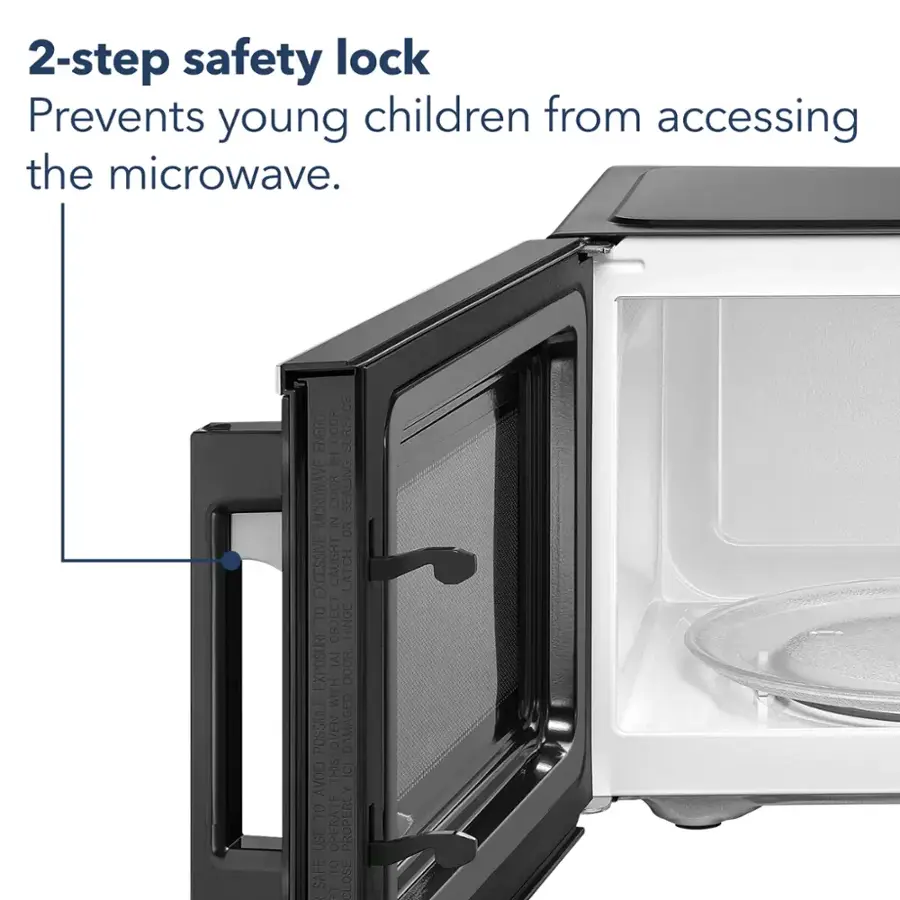 2-step safety lock prevents young children from accessing the microwave. The energy door surface (B) microwave oven door sealing in or excessive caught latch. To avoid object hinge exposure, avoid opening the door with a hot object inside. This (C) avoids possible oven damage and ensures proper use and safe operation.